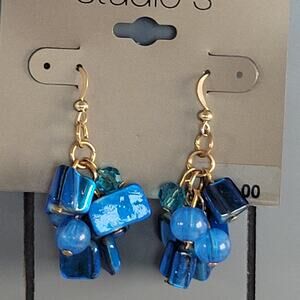 Blue Dangle Earrings Gold Tone Beads Mixed Shapes 1.83" Drop Studio S W/Gift Bag
